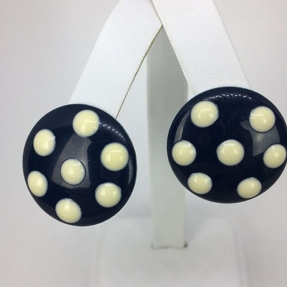 Vtg 1980s Navy and Cream Polka‎ Dot Stud Earrings Rockabilly Retro Pin Up - Picture 3 of 8